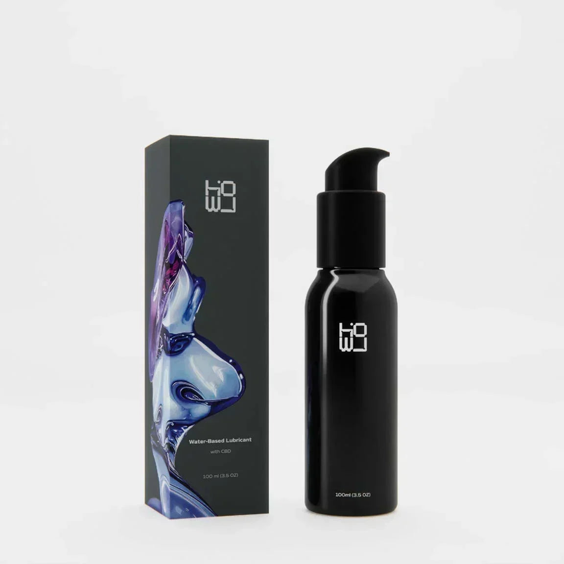 "Water based lubricant in a black pump bottle with branded product box."